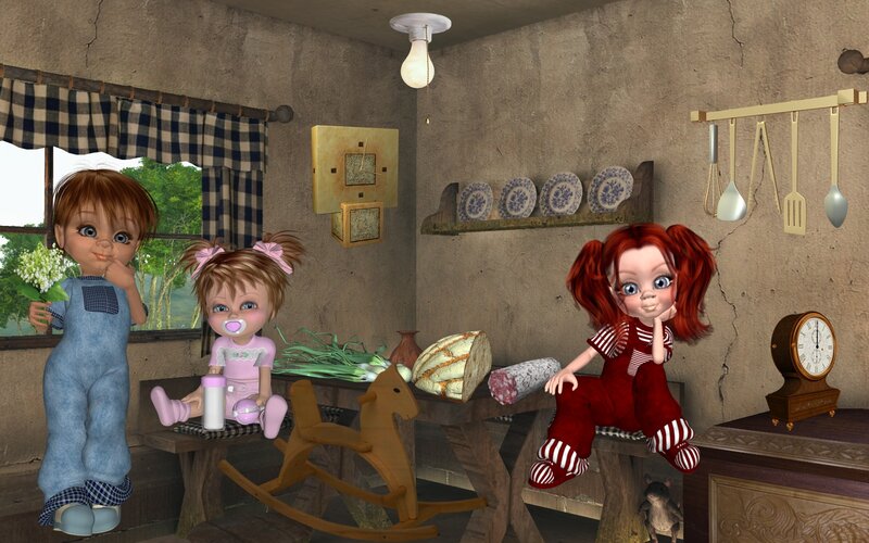 Three Dolls in a Kitchen