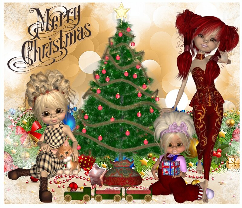 Three Dolls Near Christmas Tree