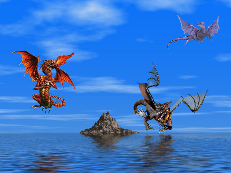 Three dragons flying over sea