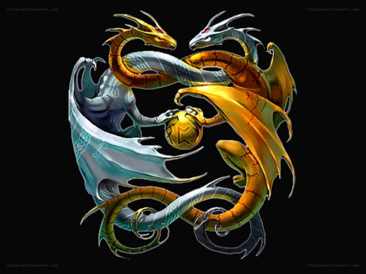 three dragons holding a golden orb
