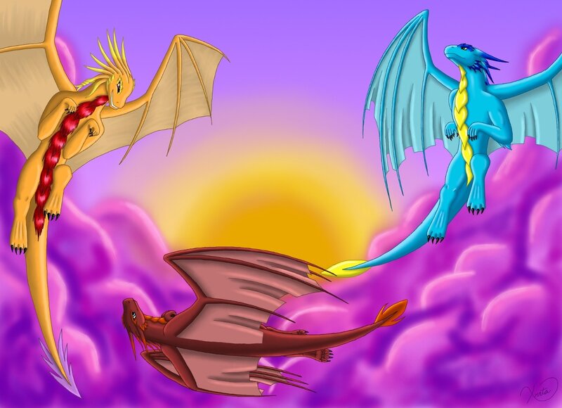 Three dragons in flight