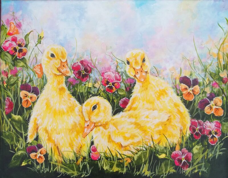 Three Ducklings in Flowers — Yellow, Serene