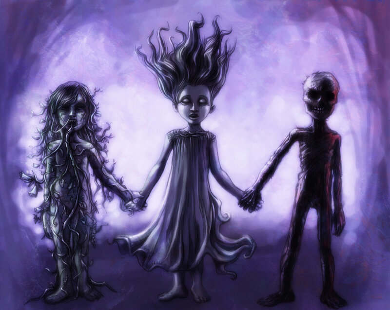 three eerie children holding hands