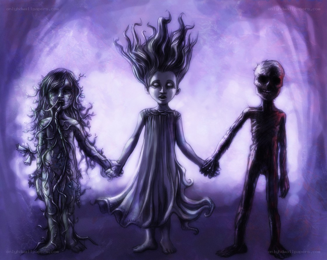 three eerie children holding hands
