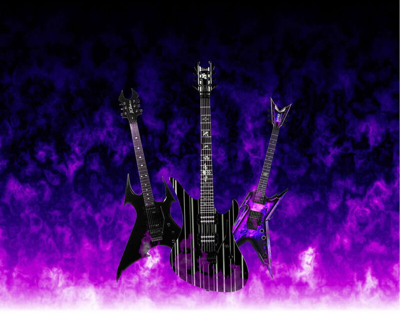 Three electric guitars on purple background