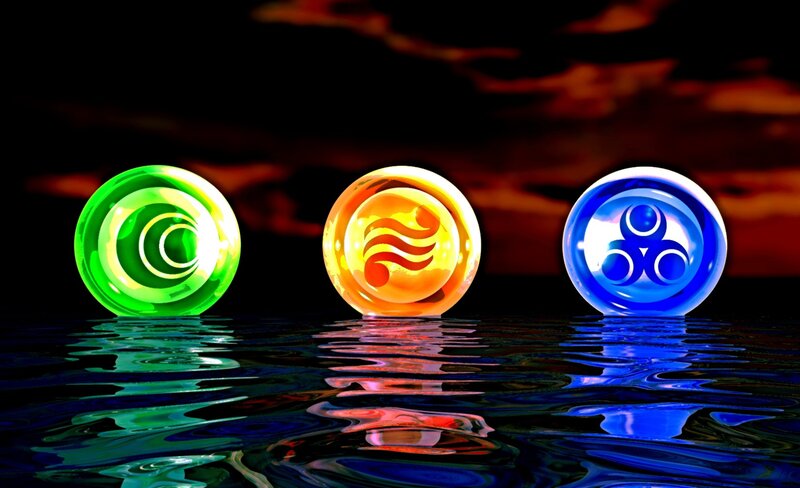 Three elemental orbs on water