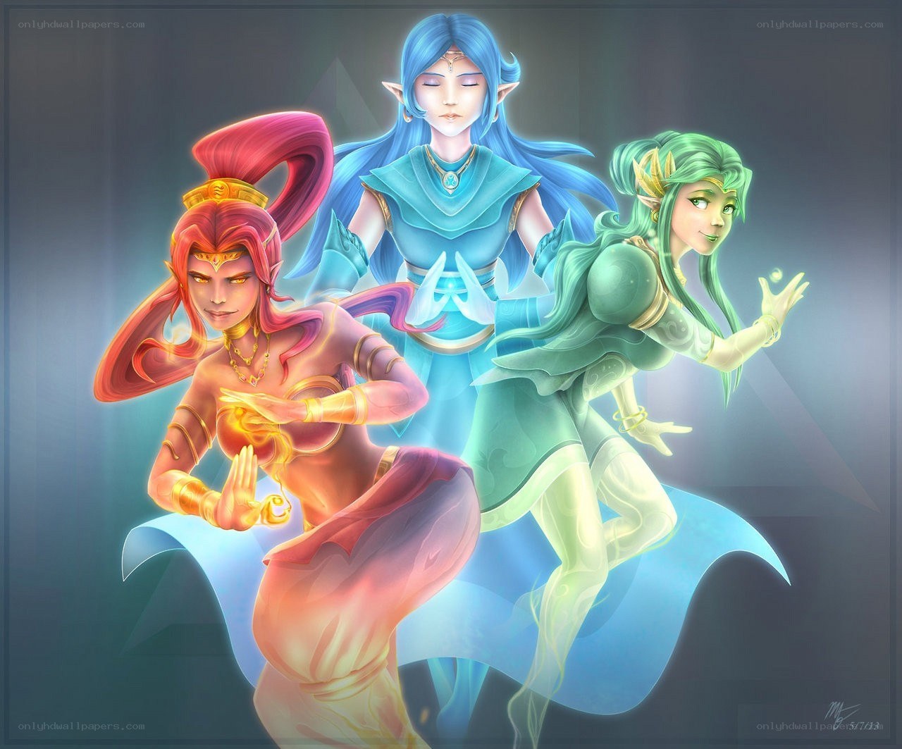 Three elemental sisters in fantasy art