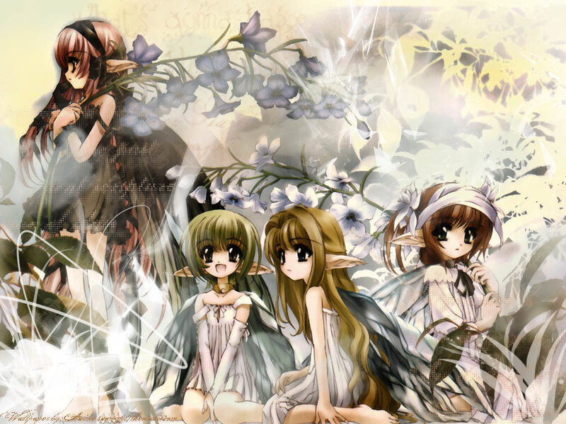 Three elf girls in a floral scene