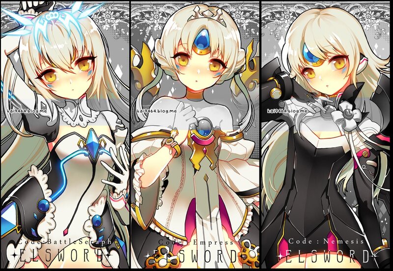 Three Elsword characters in different outfits