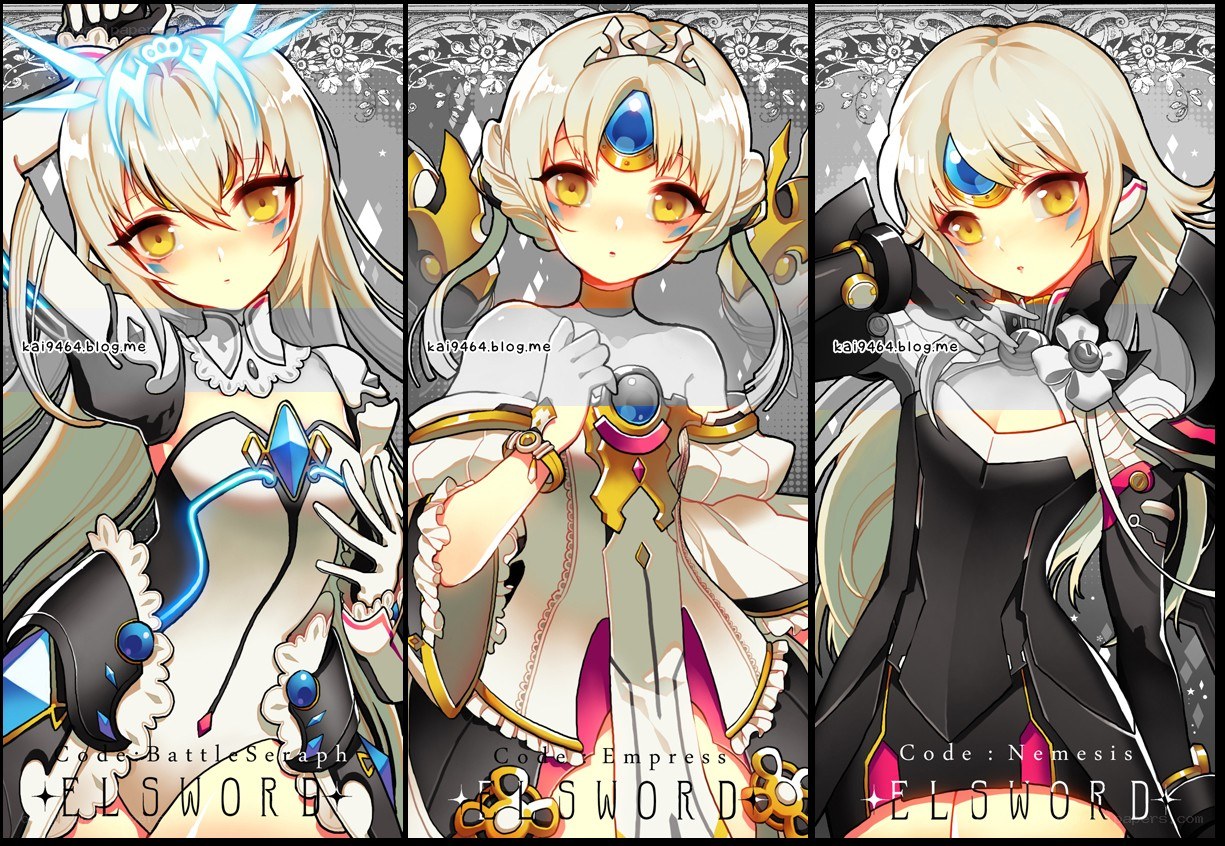 Three Elsword characters in different outfits