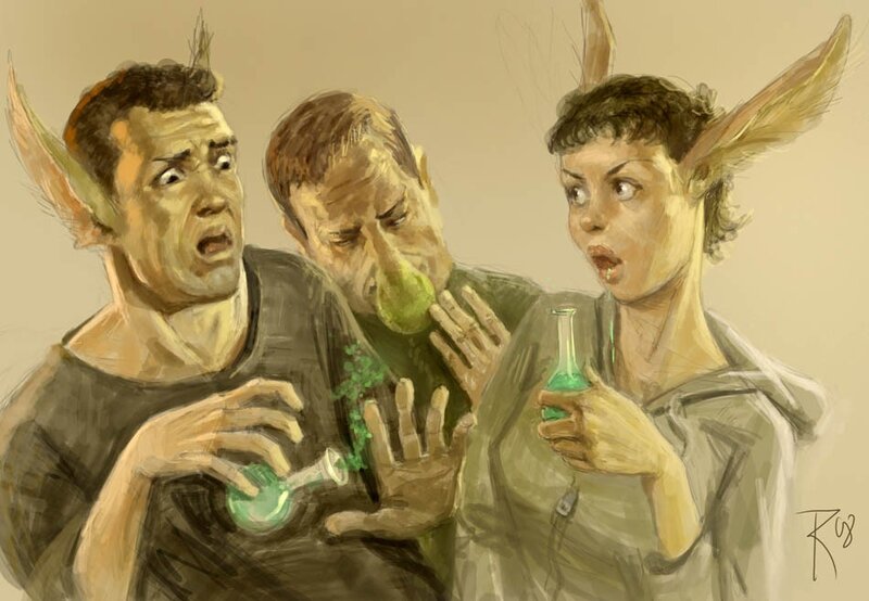 Three elves with potions