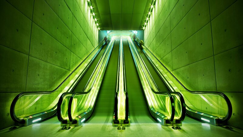 Three Escalators in Tunnel — Green