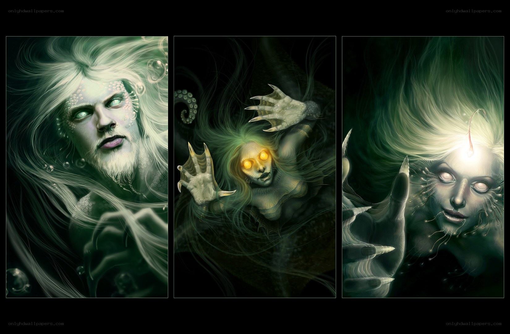 Three ethereal sea creatures