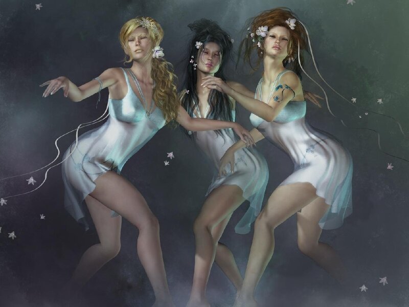 Three ethereal women in flowing gowns