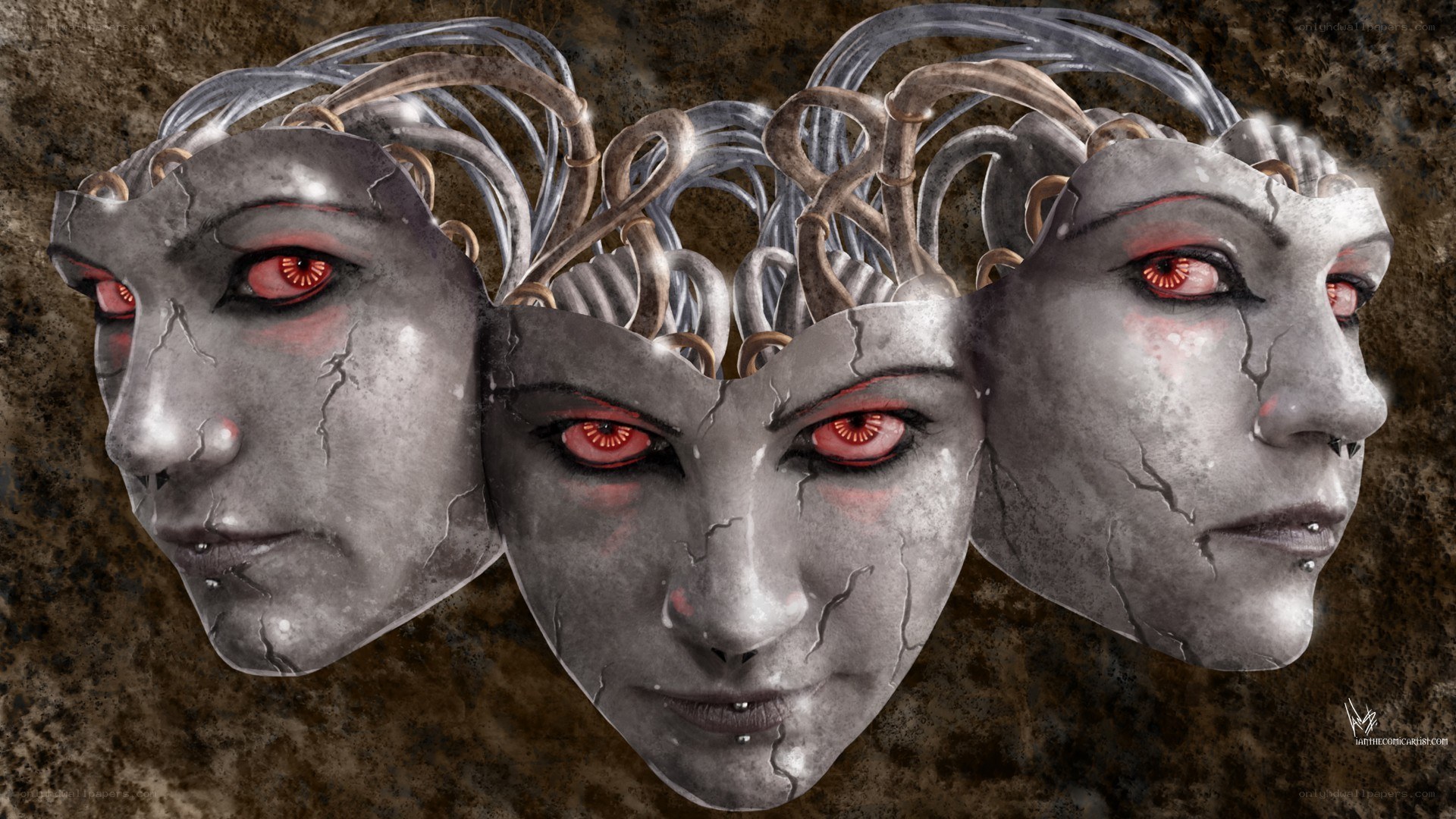 three-faced stone mask with red eyes
