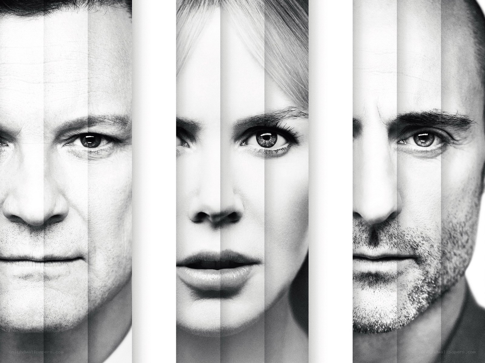 three faces in black and white
