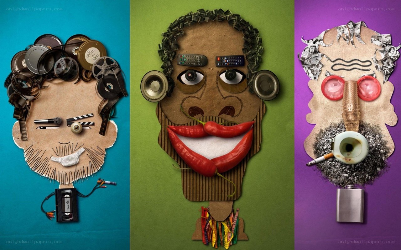 Three faces made of recycled materials