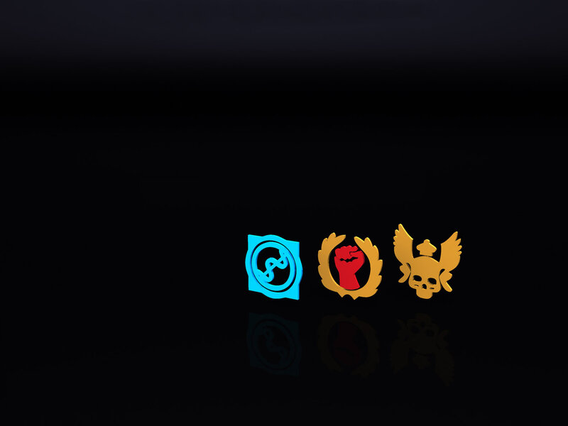 three faction emblems on black