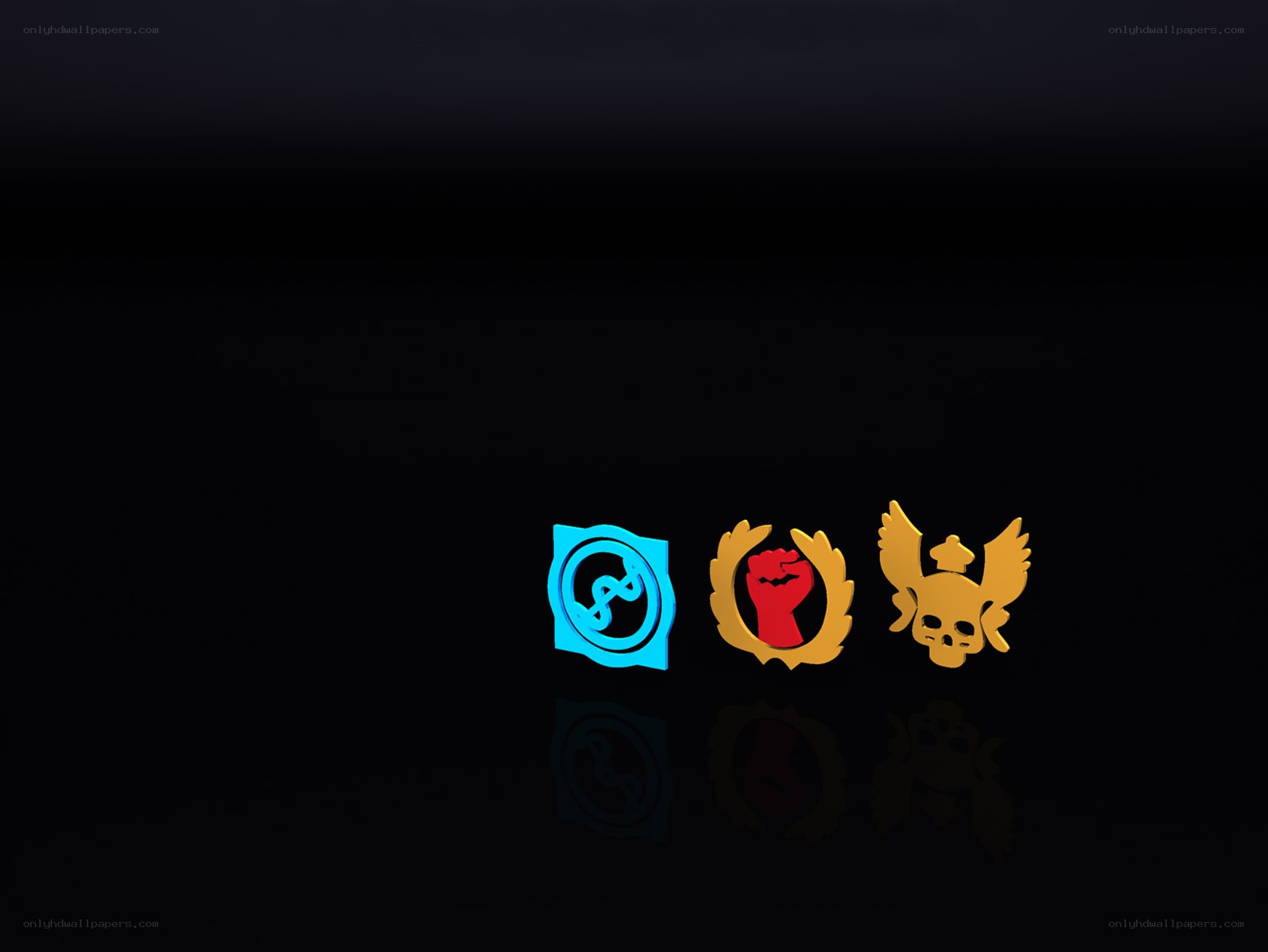 three faction emblems on black