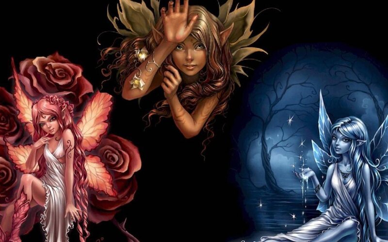 Three Fairies in Different Settings — Black, Fantasy