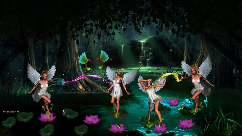 Three Fairies in Forest — Green, Magical
