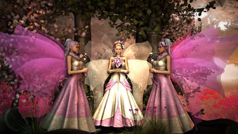 Three Fairies in Garden — Pink, Serene