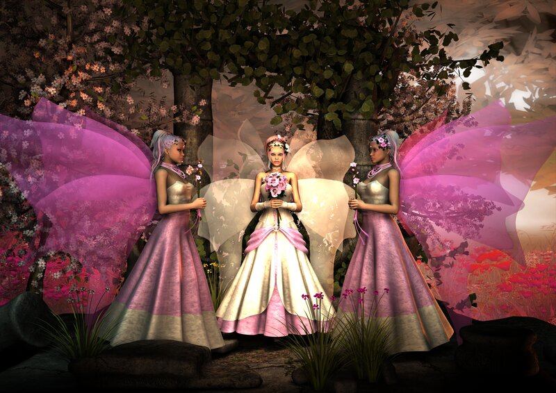 Three Fairies in Garden — Pink