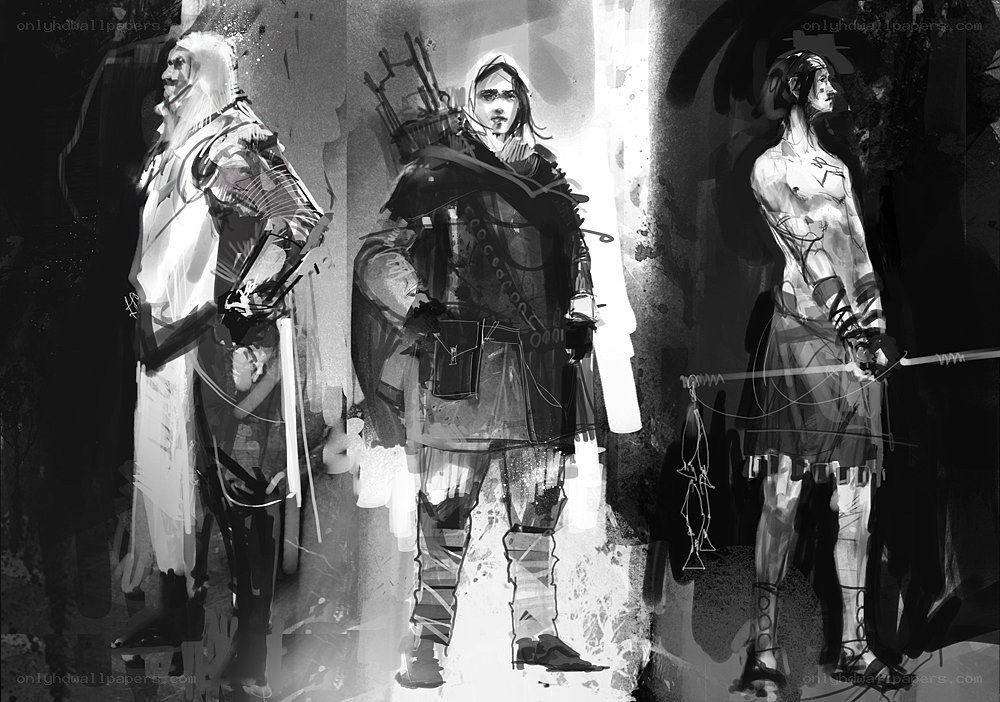 Three fantasy character concept sketches