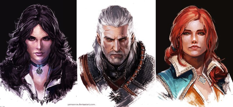 Three Fantasy Characters — Black, Dramatic, Digital Art, Woman with Dark Hair