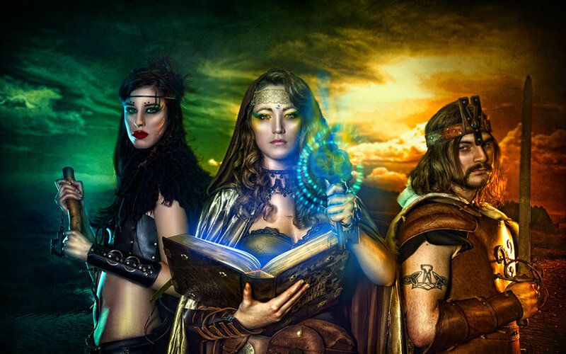 Three Fantasy Characters — Green, Dramatic, Sunset