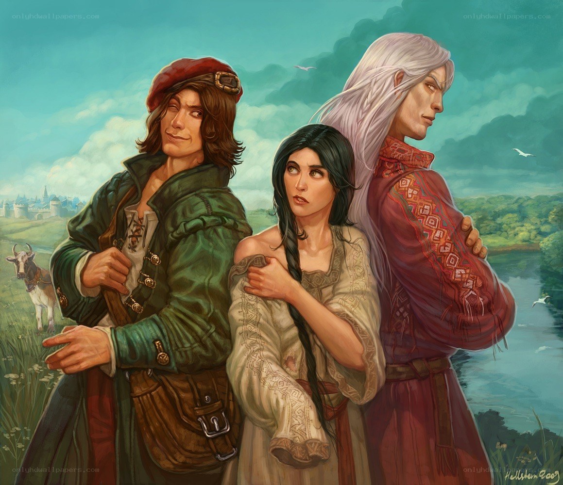 Three fantasy characters in a landscape