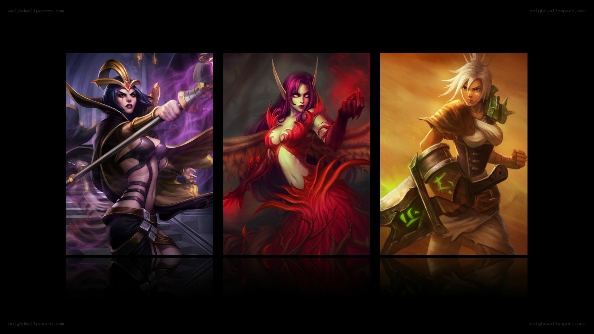 Three fantasy characters in action poses