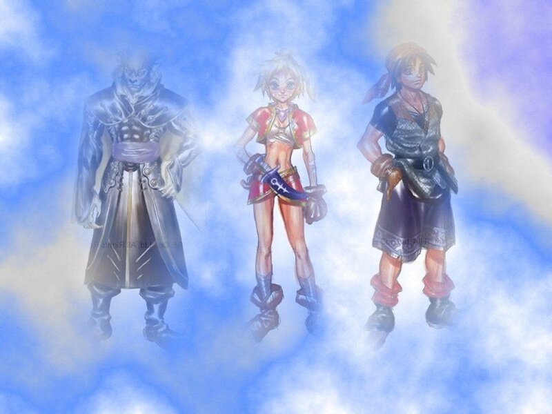 Three fantasy characters in clouds