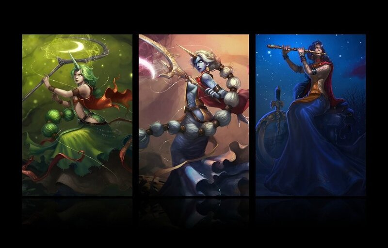 Three fantasy characters in triptych