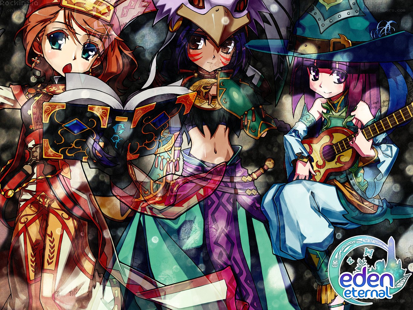 Three fantasy characters in vibrant attire