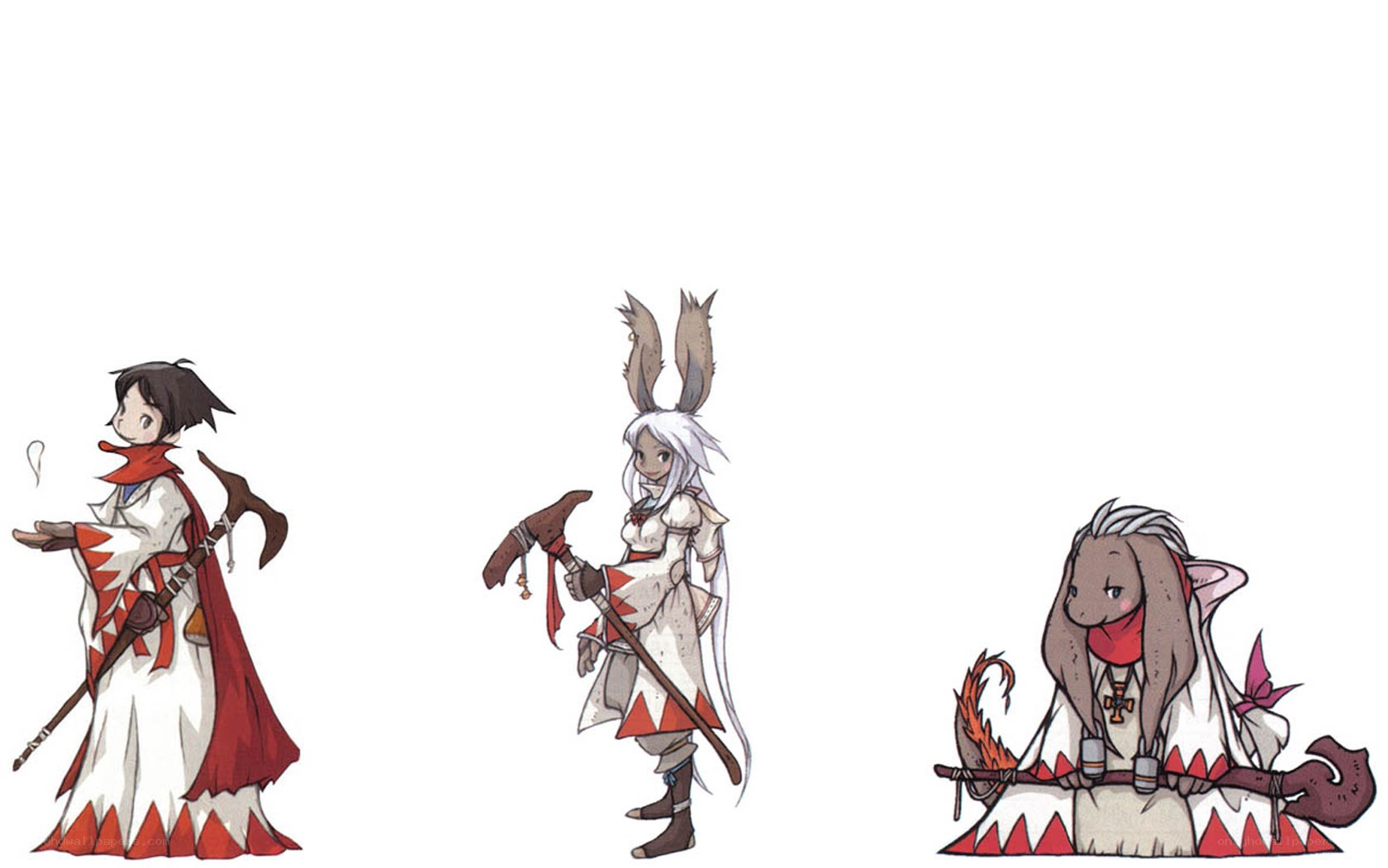 three fantasy characters in white and red
