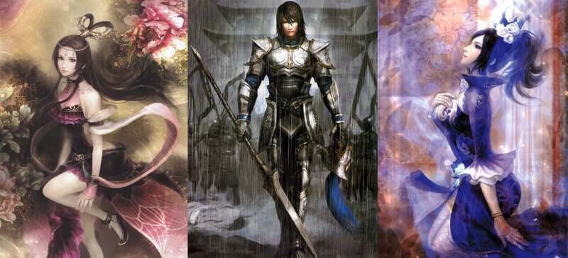 Three Fantasy Characters — Purple, Dramatic, Digital Art, Armor