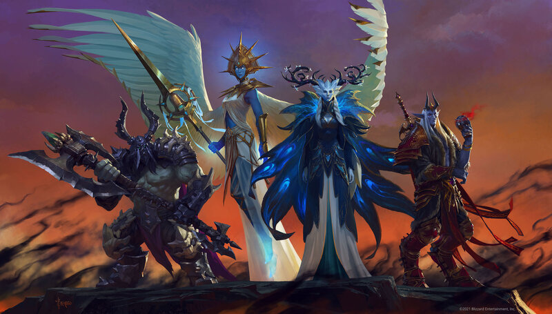 Three Fantasy Characters — Purple, Dramatic, Sunset
