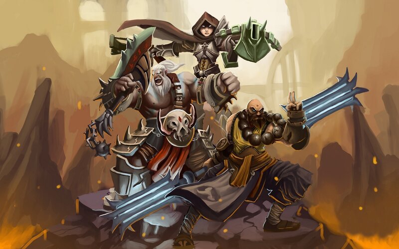 Three Fantasy Warriors — Brown, Dramatic, Digital Art, Swords, Armor, Skull
