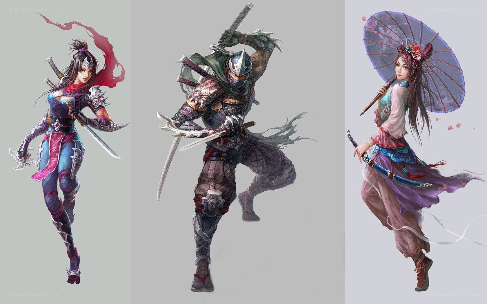 Three fantasy warriors in action
