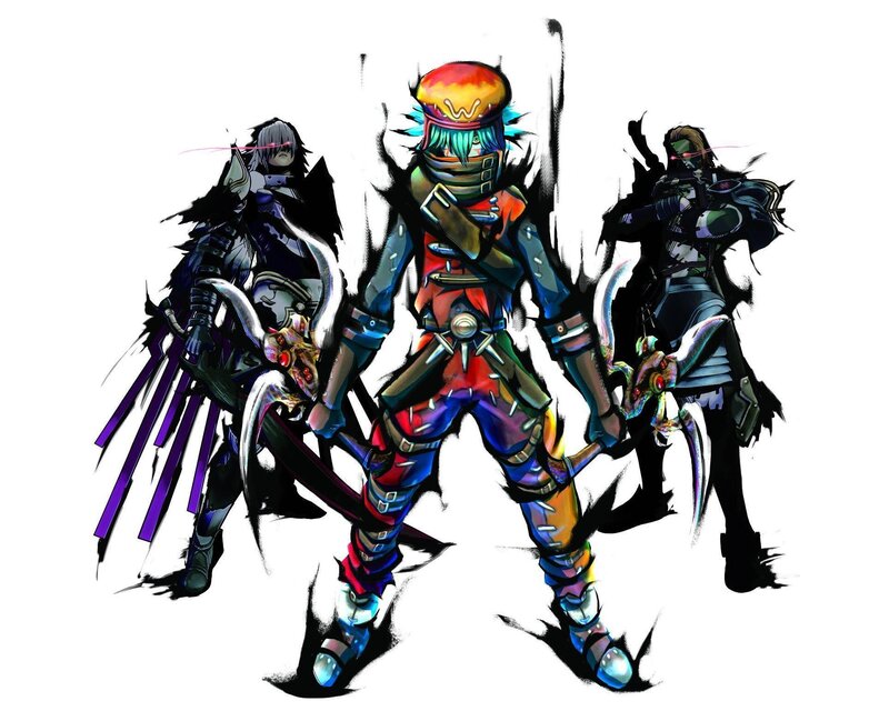 Three fantasy warriors in combat