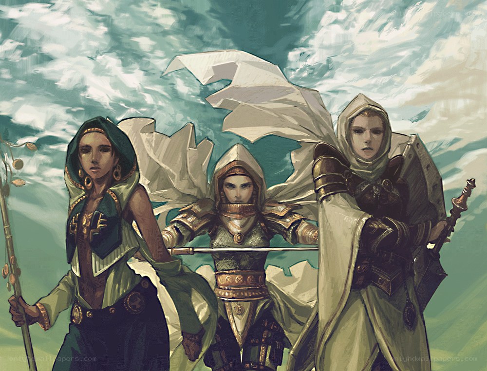 Three fantasy warriors stand together