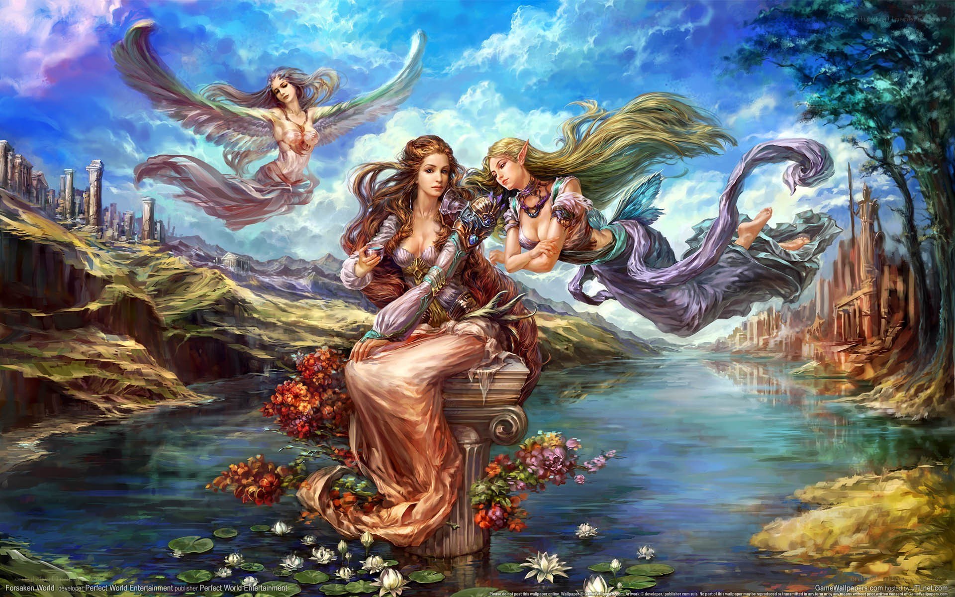 Three fantasy women by a river