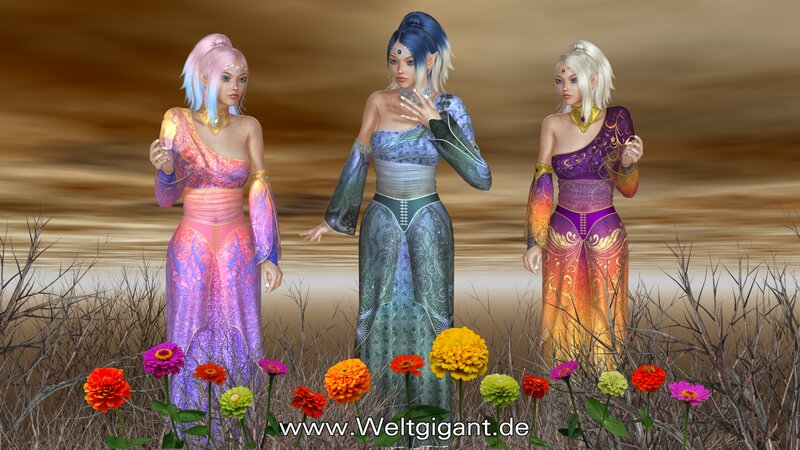 Three Fantasy Women in Dresses