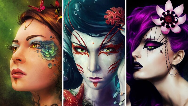 Three Fantasy Women Portraits — Green