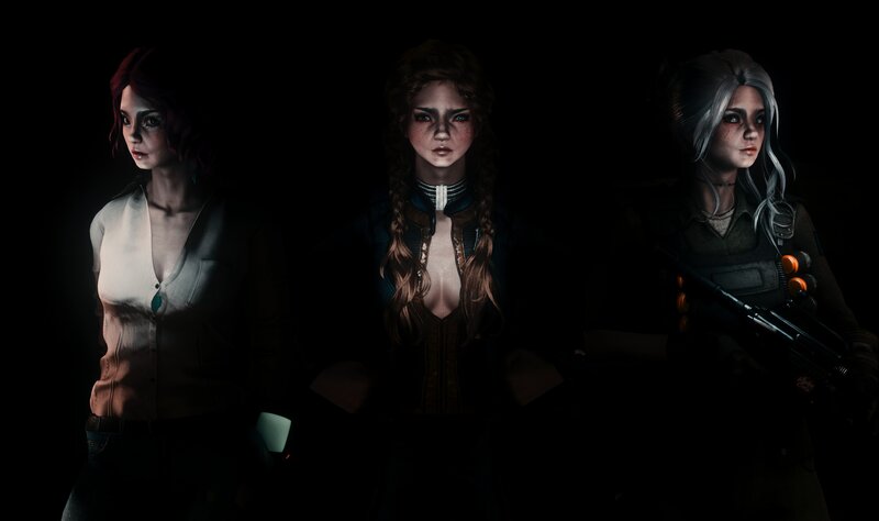 Three Female Characters — Black, Dramatic, Night, 3d Render