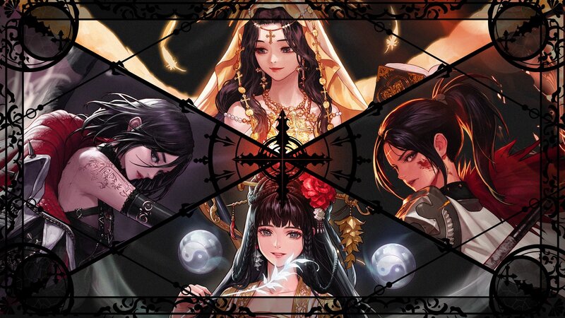 Three Female Characters — Black, Dramatic, Night, Digital Art, Swords