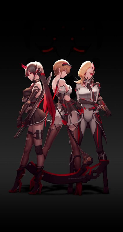 Three Female Characters — Black, Dramatic, Night, Digital Art, Weapons