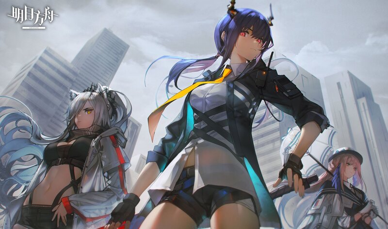 Three Female Characters — Blue, Dramatic, Anime, Cityscape