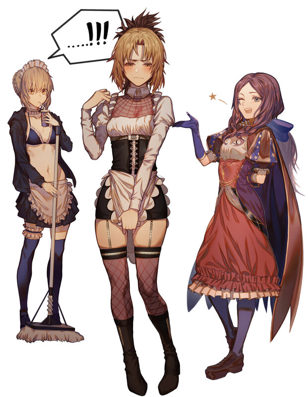 Three Female Characters — Brown, Playful, Anime